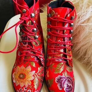 Red Ankle Boots with Floral Satin design